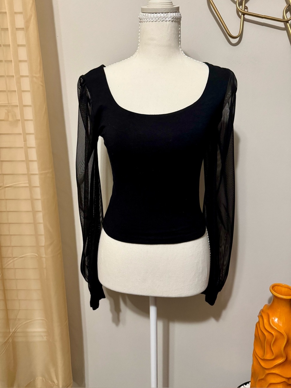 Black Scoop Neck Long Sleeve Top with Sheer Mesh Sleeves